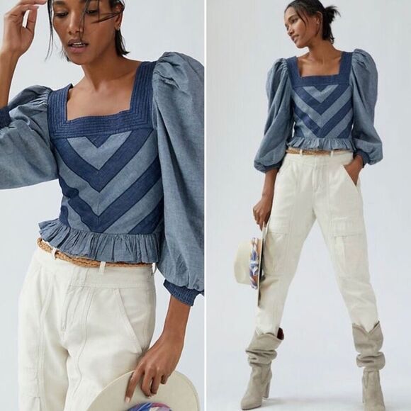 Anthropologie Love The Label Puff-Sleeve Smocked Blouse in Blue Chambray size Sm - Picture 1 of 12